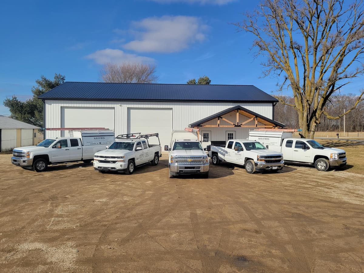 Trucks and building